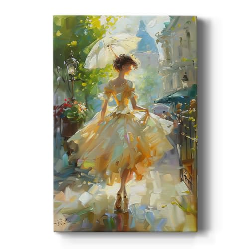 Renditions Gallery Canvas Artwork Home Decor Woman with Beige Umbrella Vibrant Colors on Street Road Lamps Wall Decor Paintings & Prints for Bedroom Office Kitchen - 12" X 18" LT566