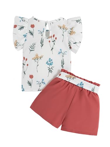 Image of Girls 2 Piece Outfits Summer Clothes Ruffle Short Sleeve Shirts Top and High Waist Shorts Set with Belt