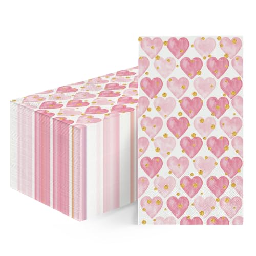 Horaldaily 100 Valentine Disposable Paper Decorative Guest Napkins, Pink Love Heart Gold Dot Hand Towel for Party Lunch Dinner Kitchen Bathroom