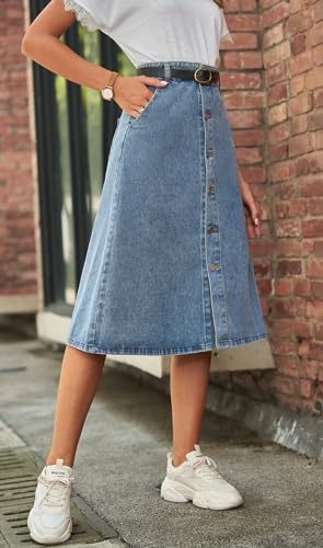 CHARTOU Casual Jean Skirts for Women Midi Denim Skirt Button Down A Line Skirt Flared Blue Jean Skirt with Pockets3