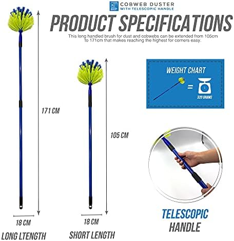 Domed Cobweb Duster with Telescopic Handle, Cobweb Brush Extendable up to 171cm  Long Handled Duster Brush for Indoor Corner Cleaning