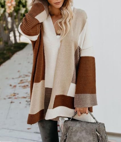 Image of chouyatou Women's Fall Geometric Color Block Open Front Cardigan Sweater Elegant Casual Oversized Coatigan Coat
