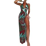 Features: Plant leaf printing, halter neck strap design, removable chest pad, high-waist tight-fitting tights with sarong skirts.