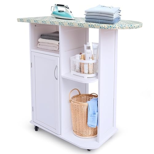 移動式アイロン台キャビネット, 90.5cm幅, 収納付き, ヒートレジスト天板, キャスター付き, ホワイト
