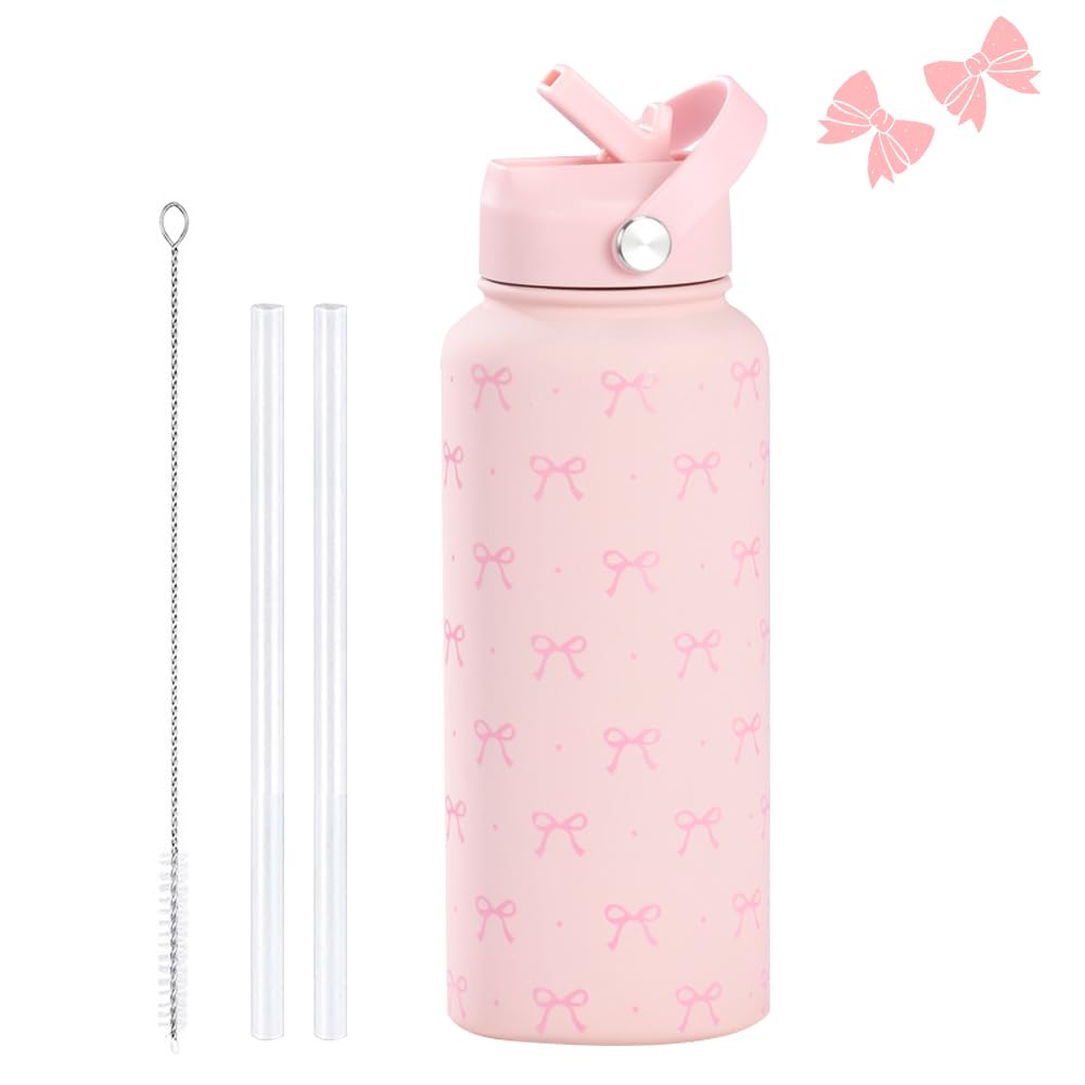 Nzkeuf Ribbon Pink Bow Water Bottle, Thermosflasche with Straw and Handle, Stainless Steel Pink Girls Water Bottle for School, Travel, Gym, Easter, Mother's Day 800ml (28oz)