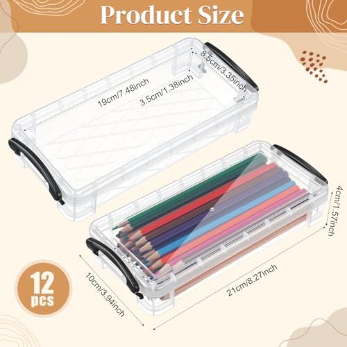 Image of Gueevin 12 Pcs Large Capacity Plastic Pencil Box Clear Plastic Pencil Case Crayon Box with Snap Tight Lid Watercolor Pen Storage Brush Organizer Drawing Tools Container (Grey)