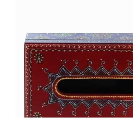 Image of Hand Painted Wooden Tissue Box, 24cm x 14cm x 8cm Height, Multicolored, for Dining or Washroom