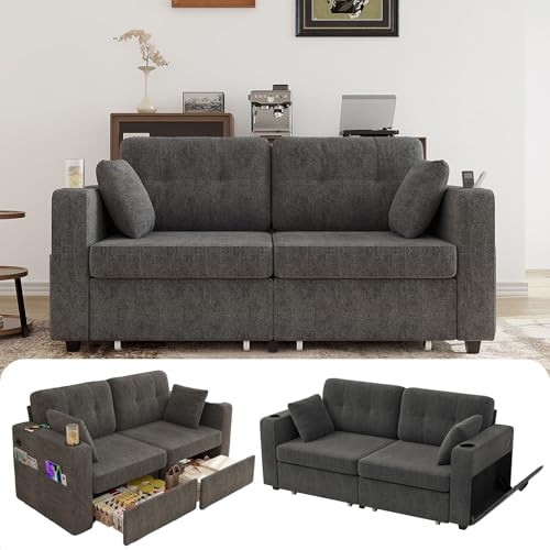 Firscook 67' Small Loveseat Couch with Storage, USB Charging and Cup Holder, Space Saving Furniture, Modern Chenille Love Seat Sofa, Small Couches for Small Spaces, Bedroom, Apartment, Grey