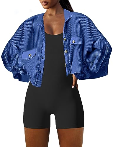 Image of Panadila Women's Cropped Waffle Knit Shacket Short Button Down Jacket Batwing Sleeve Shirts with Pocket
