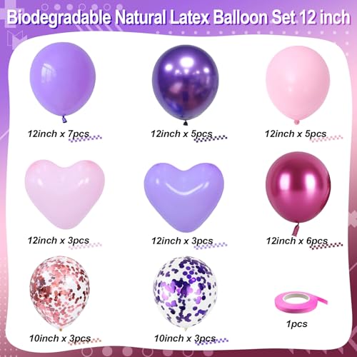Image of Metallic Hot Pink Magenta Purple Bonfetti Balloons - 12 Inch Pink Heart Balloons for Girls Princess Happy Birthday Party Decorations Baby Shower