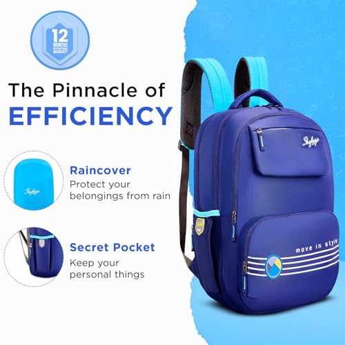 Image of Skybags Bussin Blue 42 Liters Casual Backpack for Boys & Girls with Insulated Tiffin Pocket & Rain Cover | 3 Compartments | Perfect for School & Travel - Unisex