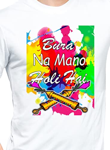 Image of Knitted Polycotton Fabric Regular Fit Men Boys Half Sleeve T-Shirt for Festival of Holi Style 12 White Size : Free