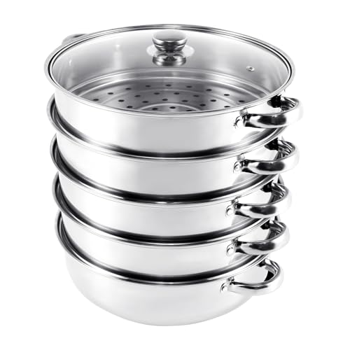 KayEsampra Dampfgarer aus Edelstahl, mit Glasdeckel, 5 Etagen, 30 cm, Kochgeschirr, Kochtopf, Induktionskochfeld, Dampfgarer für Knödel, Silber