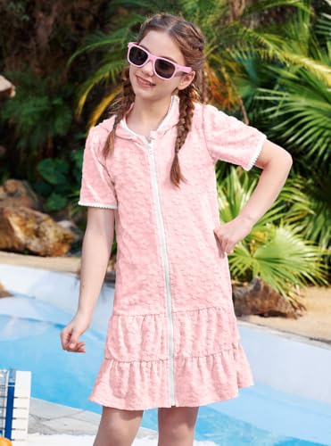 Image of BesserBay Girls Summer Beach Quick Dry Cover Up Ruffle Hem Terry Smocked Hooded 4-14 Years with Pockets