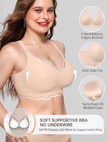 OEAK Womens Value Series Wireless Bras Push Up Soft Convertible Jelly Bra Jacquard Nude,3XL — view 2