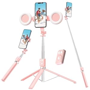 Selfie Stick Tripod with Fill Light, Phone Selfie Stick,Durable Stainless Steel Design,Bluetooth Remote Control,and Stable Three-Legged Support for Live Broadcasts,Video Shooting (Pink)