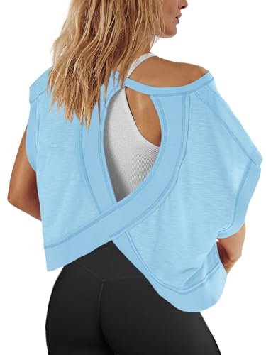Panadila Womens Oversized Tshirts Open Back Workout Top Athletic Shirts Short Sleeve Crop Tops Gym Yoga Tee (Oxygen Blue,M)