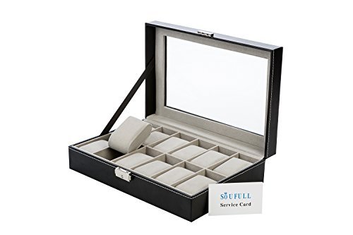 Soufull 12 Grid Watch Box Jewelry Display Case with Metal Lock and Key