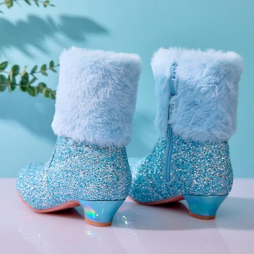 Girls Sparkly Glitter Boot Fuzzy Lined Winter Thermal Side Zip Up Boots Mid Calf High Heel Non Slip Bottom Snow Boot4