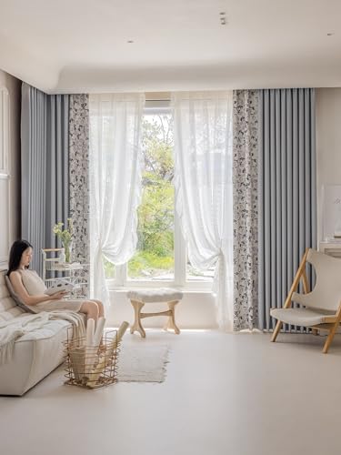 Lirzxin Chenille Blackout Curtain Eyelets 84 Inch Drop, Decorative Curtain for Living Room 2 Panels Splicing Color Rose Flowers Pattern Grey Blue Window Treatment Curtains, 38" W x 84" L - Image 2