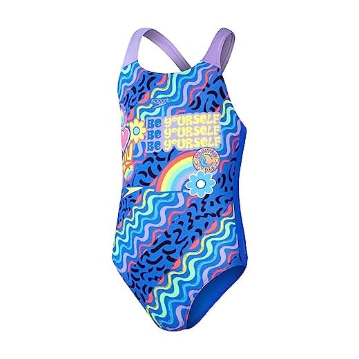 Speedo Girls Digital Placement Splashback Bañador Niñas, Blue Flame/Miami Lilac/Amarillo vivo/Verde fluorescente/Lava Red, 15-16 Años