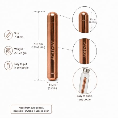 Image of ADHYAY Copper Stem Water Enhancer - 99.9% Pure Unpolished Copper Stick, Lab-Tested Food-Grade | Ayurvedic Tamra Jal Charger for Glass, Bottle, Jug & Mitti Ka Matka | Portable Reusable, 1 Pc