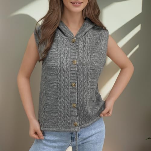 Image of Velius Women Knit Button Down Drawstring Sweater Vest Crop Top with Hood