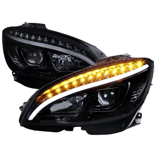 SPEC-D TUNING Glossy Black Projector Headlights w/LED Signal Lamps Compatible with 2008-2011 Mercedes Benz W204 C-Class, Left + Right Pair Headlamps Assembly
