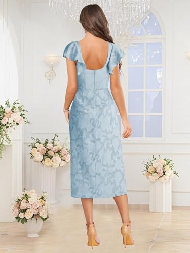 HYY Chiffon Mother of The Bride Dresses with Slit Floral Tea Length Flutter Sleeve Mermaid Formal Dress for Wedding3