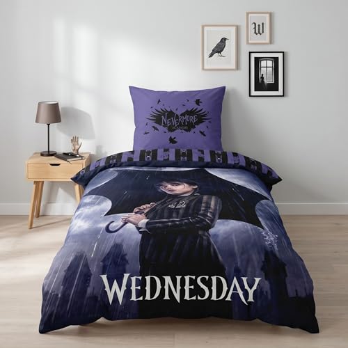 MTOnlinehandel Bettwäsche 135x200 Wednesday Addams Kissenbezug 80x80 + 135x200 für Kinder und Teenager Microfaser angenehm & weich Fanartikel Serie Merch Geschenk