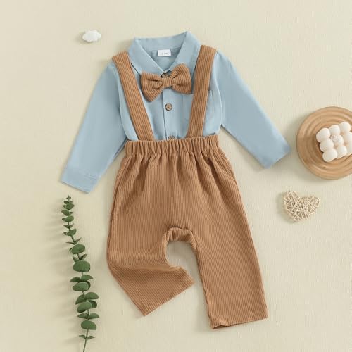 Newborn Baby Boy Fall Outfit Formal Long Sleeve Romper Bow Tie Corduroy Overalls Suspender Pants Set Suit Clothes3