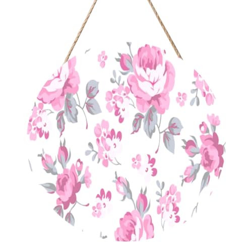 Image of InOmak Shabby Chic Floral Pink Pattern Pale Roses White, Round Wood Panel Painting 12 in, Wall Hanging Painting For Home