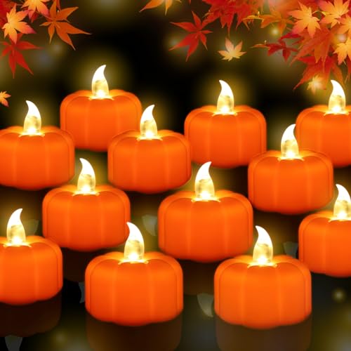 CESOF Thanksgiving Decorations Pumpkin Tea Lights Fall Decor, 12 Pack LED Orange Pumpkin...