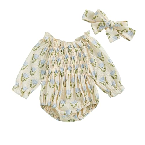 Infant Baby Girl Linen Romper Smocked Bubble Bodysuit Frill Trim Ruffle One-Piece Jumpsuit Casual Cute Summer Clothes