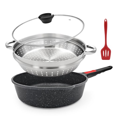 Bobikuke Pfanne 28cm mit Deckel, 4-Teiliges Set Antihaft Pfanne - (Bratpfanne Sauteuse mit Deckel, Dampfkorb/Siebkorb, Silikonspatel), mit Abnehmbarem Griff, Ofenfest, PTFE & PFOA frei (Schwarz)
