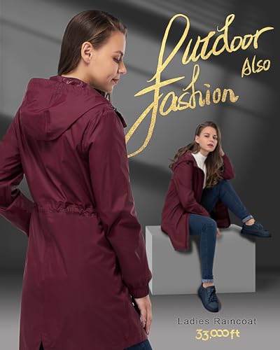 33,000ft Women's Rain Jacket Lightweight Hooded Long Rain Coat Waterproof Jacket Ladies Packable Functional Jacket Windbreaker Breathable Active Outdoor Coats