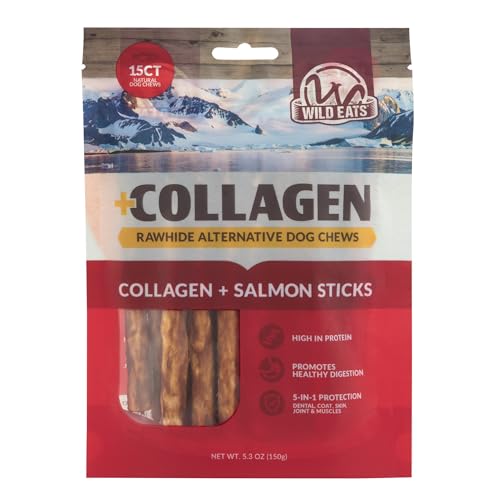 Wild Eats Real Salmon Collagen Sticks for Dogs, (15ct, 1cm Thick) Healthy Bully Stick - Long Lasting Dog Chew Treat