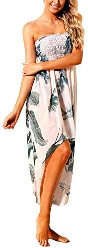 Uranus Women Summer Baggy Loose Slit Feather Print Slit Strapless Bardot Maxi Beach Dress