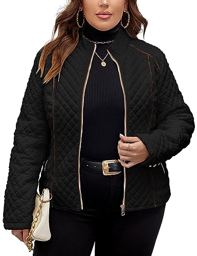 Geschallino Chaqueta Ligera Acolchada para Mujer Talla Grande Abrigo Corto Acolchado con Bolsillos 087PLUS Negro 3XL