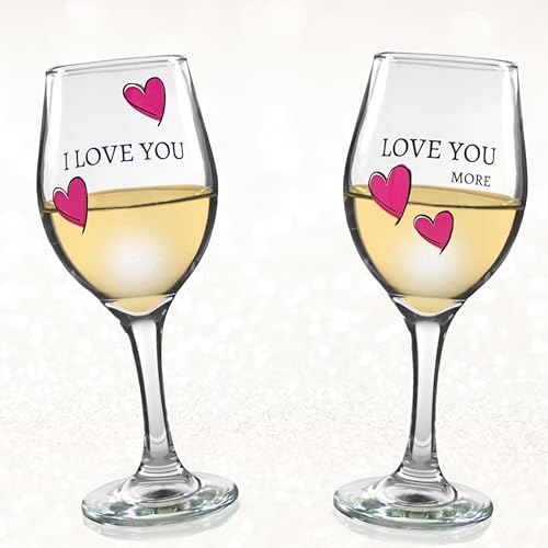 BANBERRY DESIGNS His and Hers Gifts - Wine Glass Set - I Love You, Love You More - Set of 2 - Sweethearts Wine Glasses with Decorative Hearts - Romantic Glassware - 7 3/4" H - 12 oz Capacity