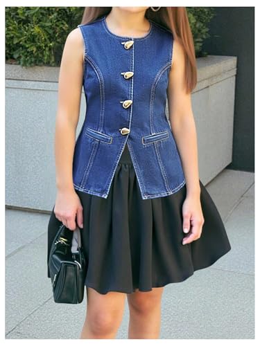 MakeMeChic Girl's Crew Neck Jean Top Sleeveless Metal Button Down Denim Vest Outerwear3