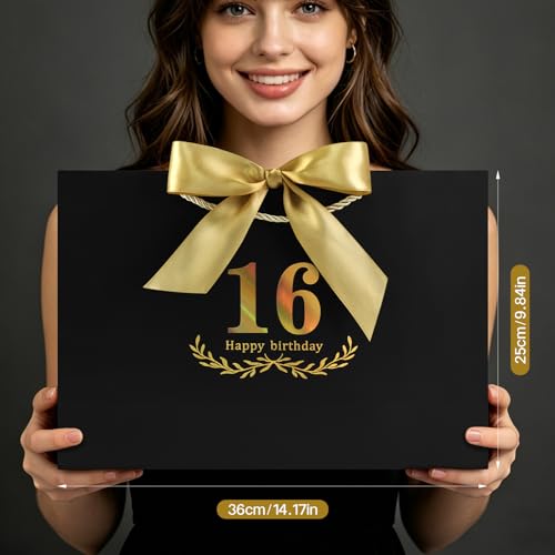 Image of JMANNI Black Gold 16th Birthday Gift Bag with Card and Tissue Paper, 14.2 inchx9.84 inchx4.3 inch Large Present Bag for Teens, 16 Year Old Birthday Keepsake Party Supplies