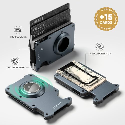 VULKIT Minimalist Slim Wallet for Mens with Money Clip- RFID Blocking with AirTag Holder Design Metal Wallet, Space Grey2