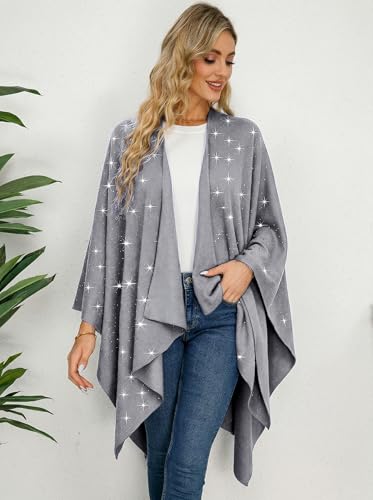 Image of Womens Rhinestones Open Front Poncho Shawl Wrap Cape Ruana Travel Blanket Cardigan