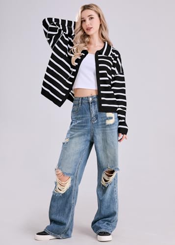 Image of chouyatou Women's Button Down Striped Cardigan Sweater Polo Collar Open Front Knit Jacket 2024 Fall Outfits