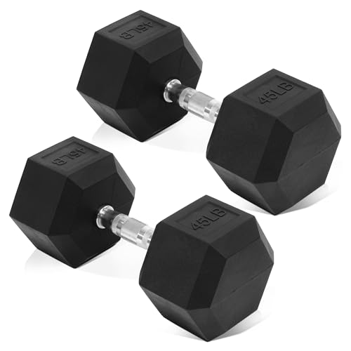 Fitvids Rubber Encased Hex Dumbbell Hand Weights Set of 2 with Anti-Slip Cast Iron Grip for Strength Training 45 LB Pair