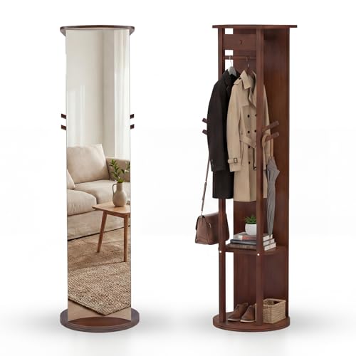 COSTWAY Miroir sur Pied, Grand Miroir avec Porte-Manteau, Base Pivotante à 360°, Cadre en Bois Massif, 2 Étagères de Rangement, 4 Crochets, Barre, pour...