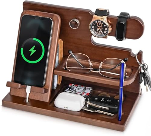 Wood Phone Docking Station for Men - Desk or Nightstand Organizer - Birthday Gifts for Husband or Dad - Anniversary Idea from Wife - Key Holder - Stand Wallet Watch & Essentials (Chestnut)