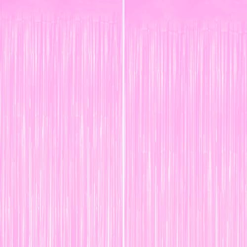 Image of DECOCKRAT 2 Pack Foil Fringe Backdrop - Pastel Pink Shiny Tinsel Curtains for Party Decoration /Photo Booth Props - 3.3x6.6 FT Metallic Foil Backdrop for Birthday, Wedding, Graduation, Christmas.