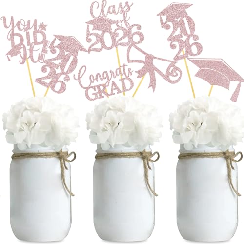 Image of Graduation Centerpiece Sticks 24PCS Glitter Grad Picks Party Table Decor Senior High School College Sign Rose Gold